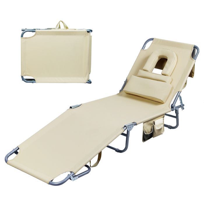 Levede Foldable Beach Lounge Chairs with Face Hole Khaki-2052531491556167688