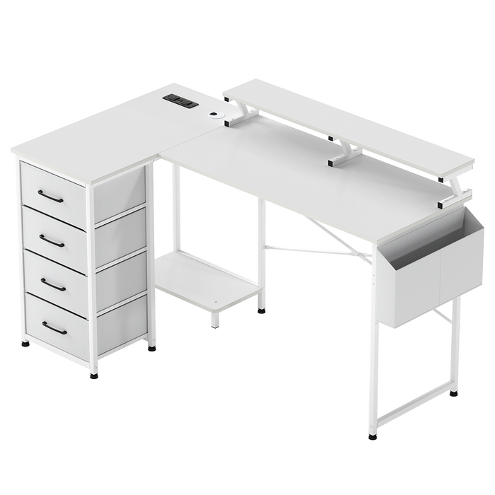 Levede L Shaped Gaming Desk with Storage Drawers White-2052531818946760712
