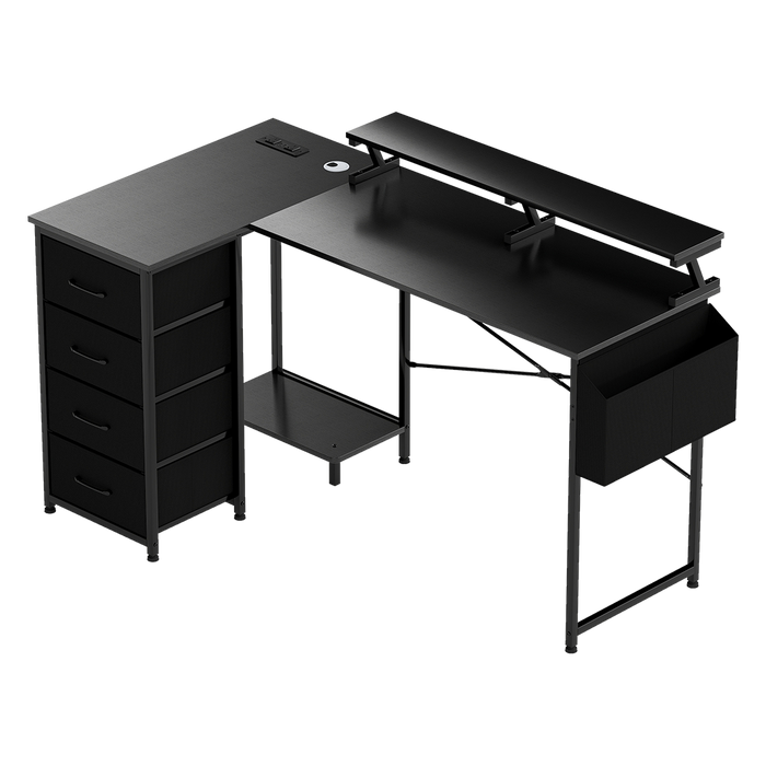 Levede L Shaped Gaming Desk with Storage Drawers Black-2052531818615410696