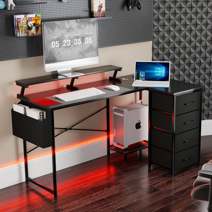 Levede L Shaped Gaming Desk with Storage Drawers Black-2052531818615410694