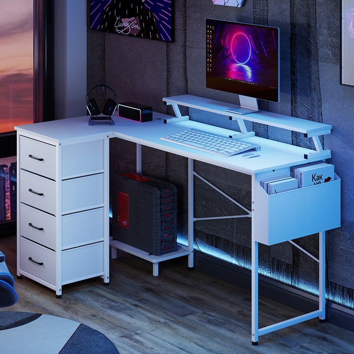 Levede L Shaped Gaming Desk with Storage Drawers White-2052531818946760710