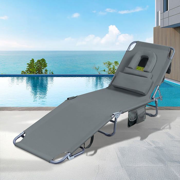 Levede Foldable Beach Lounge Chairs with Face Hole Grey-2052531491375812615