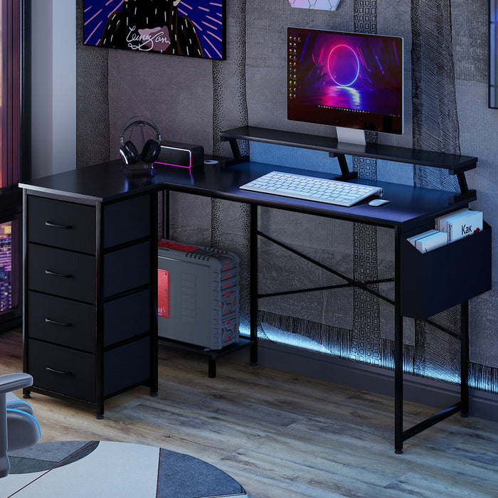 Levede L Shaped Gaming Desk with Storage Drawers Black-2052531818615410695