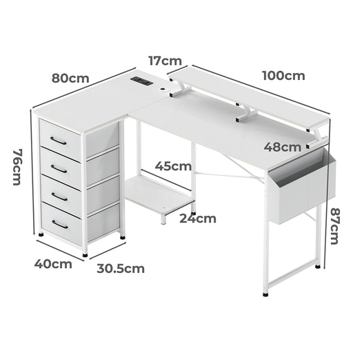 Levede L Shaped Gaming Desk with Storage Drawers White-2052531818946760706