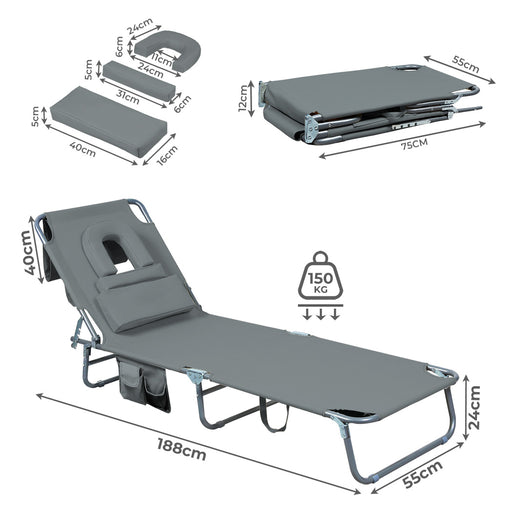 Levede Foldable Beach Lounge Chairs with Face Hole Grey-2052531491375812610