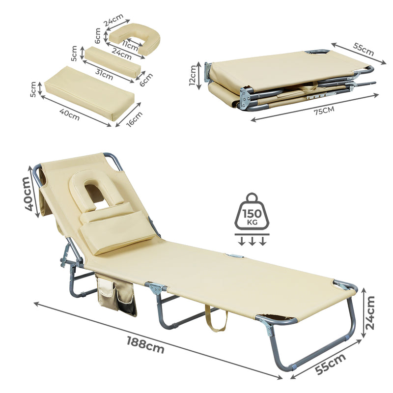 Levede Foldable Beach Lounge Chairs with Face Hole Khaki