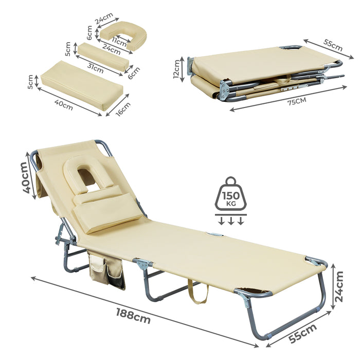 Levede Foldable Beach Lounge Chairs with Face Hole Khaki-2052531491556167682