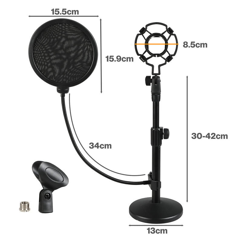 Levede Desktop Microphone Stand Adjustable Pop Filter Shock Mount Base Kit Black