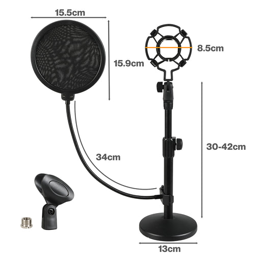 Levede Desktop Microphone Stand Adjustable Pop Filter Shock Mount Base Kit Black