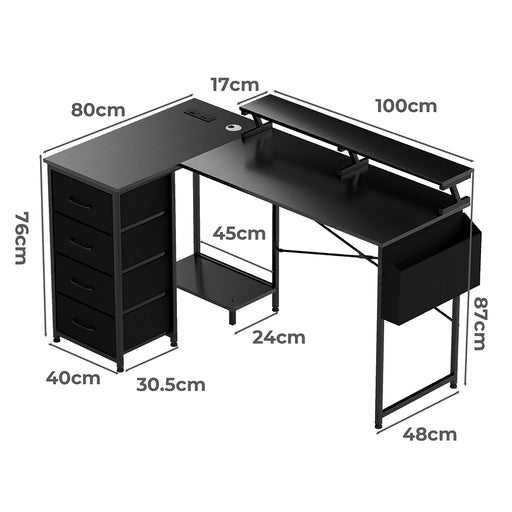 Levede L Shaped Gaming Desk with Storage Drawers Black-2052531818615410690
