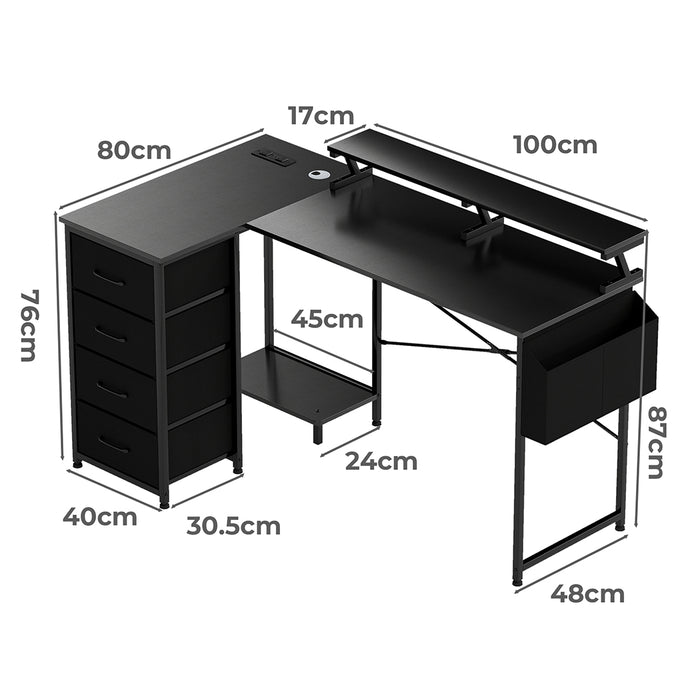 Levede L Shaped Gaming Desk with Storage Drawers Black-2052531818615410690