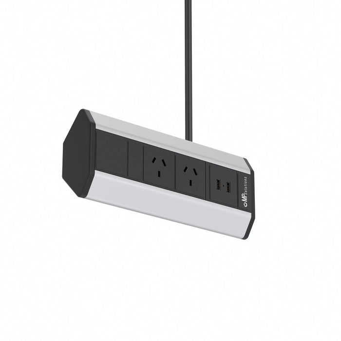 Corner Power Outlet System w/USB Silver Shell Black Coloured Outlets