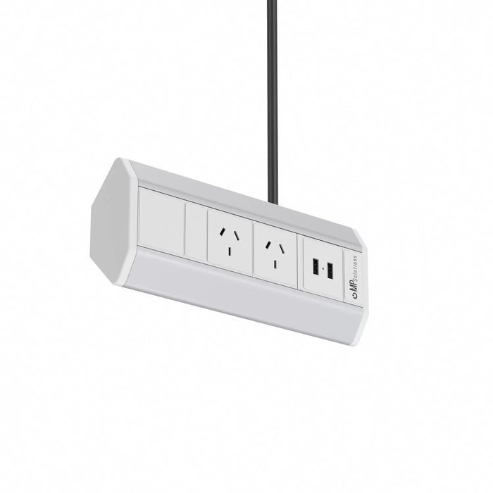 Corner Power Outlet System w/USB Silver Shell White Coloured Outlets