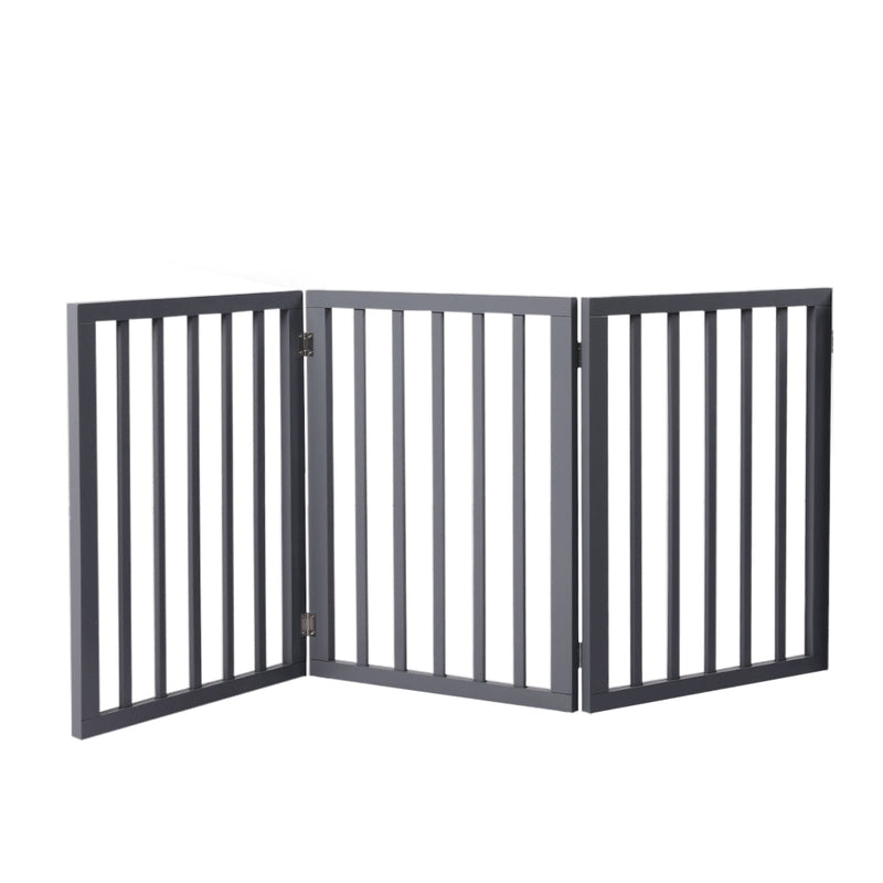 Wooden Pet Gate Dog Fence Retractable Barrier Portable Door 3 Panel Gray