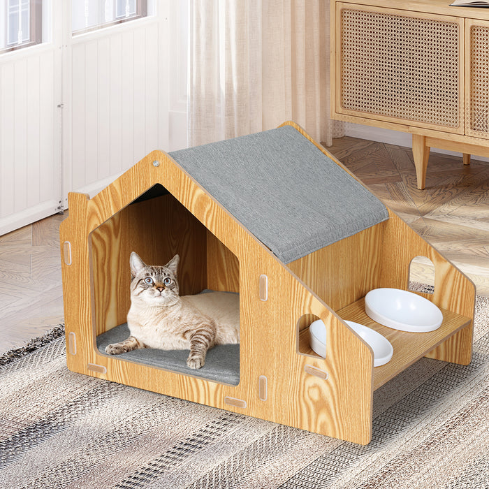 PaWz Wooden Pet House Cat Kennel Elevated Double Feeder Raised Feeding Bowls